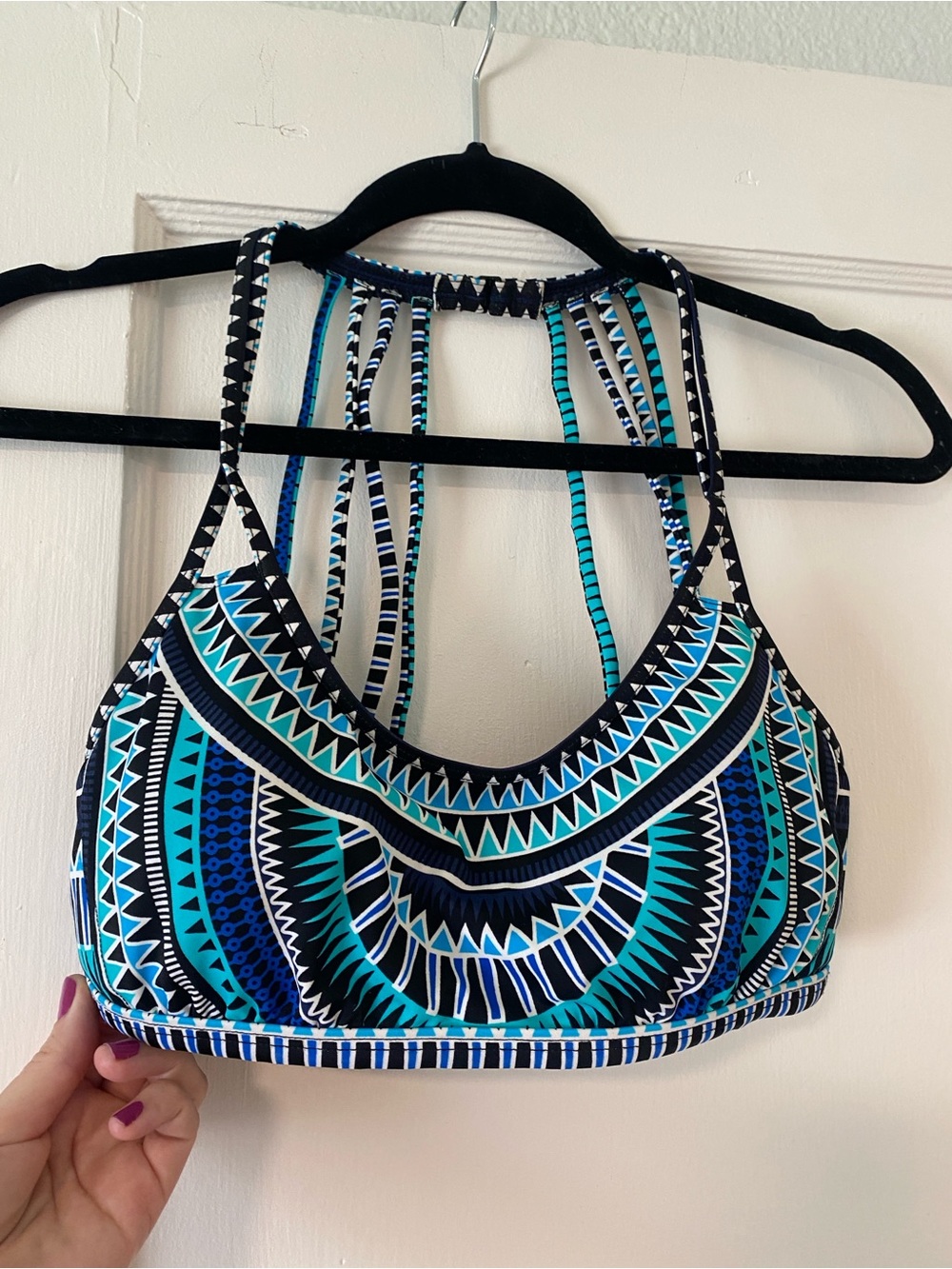 JAG swim top tribal mosaic pattern teal blue and black. Size M